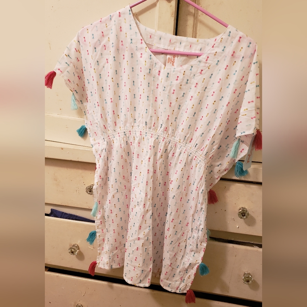 Cat and Jack Girl's Top White with Pink Blue Frills Large 10/12 New with Tags